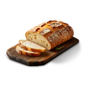A PNG image of a loaf of freshly baked bread with several slices cut, placed on a wooden cutting board isolated on a transparent background.