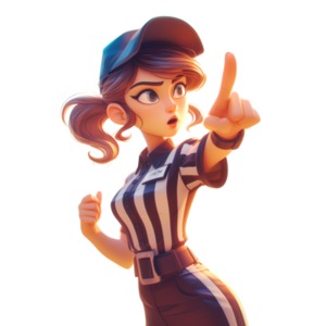 In this transparent PNG clipart, a woman referee is dressed in a black and white striped referee shirt wearing a dark visor.