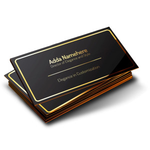 A stack of sleek black and gold, professional-looking business cards. A custom mockup design customizable with your own logo and contact info.