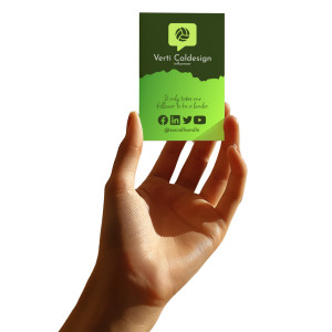 Vertical Business Card in Hand is an editable design template. Easily update colors, logos and contact details using our on-line tools.