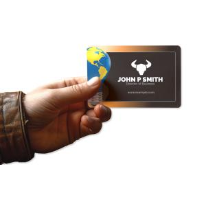 An editable Business Card being held out by a hand. The card design, text and long can be customized for any individual or business.