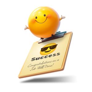 A three-dimensional smiling emoji character perched atop a clipboard. The design can be easily customized.