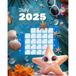 An editable calendar template with a delightful summer vacation beach theme featuring starfish, seashells, and palm trees.