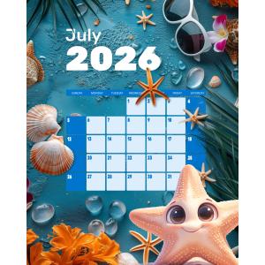 An editable calendar template with a delightful summer vacation beach theme featuring starfish, seashells, and palm trees.