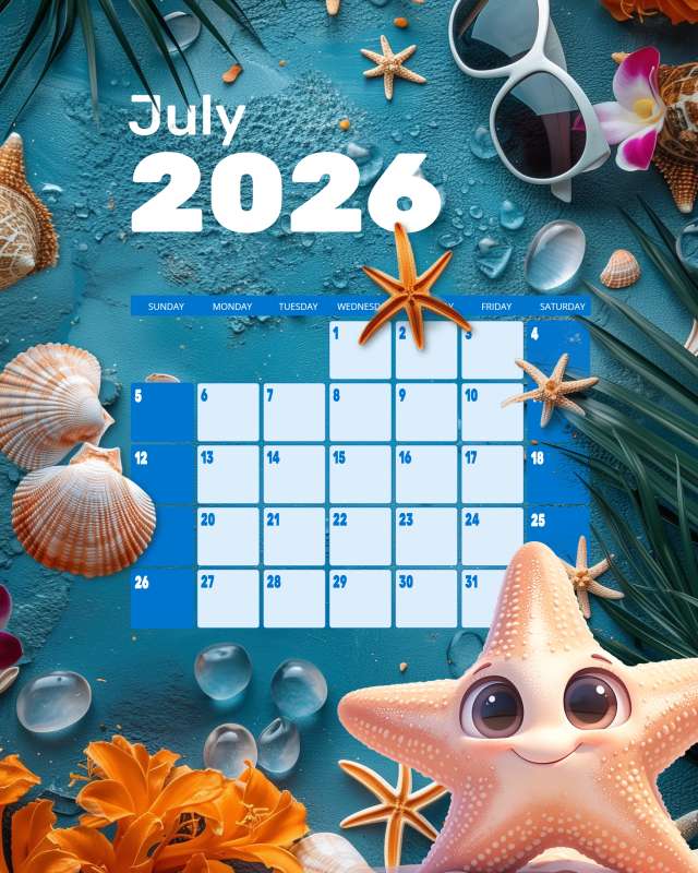 This Presentation Clipart shows a preview of Summer Beach Calendar for July