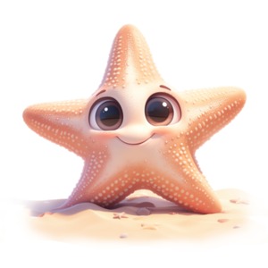 A cartoon starfish with a wide, joyful smile and large, sparkling eyes rests peacefully on the sand. A PNG image with a transparent background.