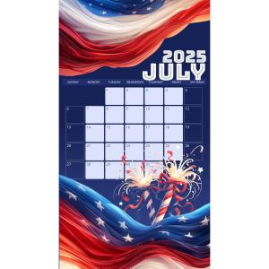 An American patriotic editable calendar design template for July featuring red white and blue elements.
