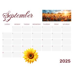 This calendar template features a serene landscape header with a sunset view over a flower field, leading into a structured calendar grid.