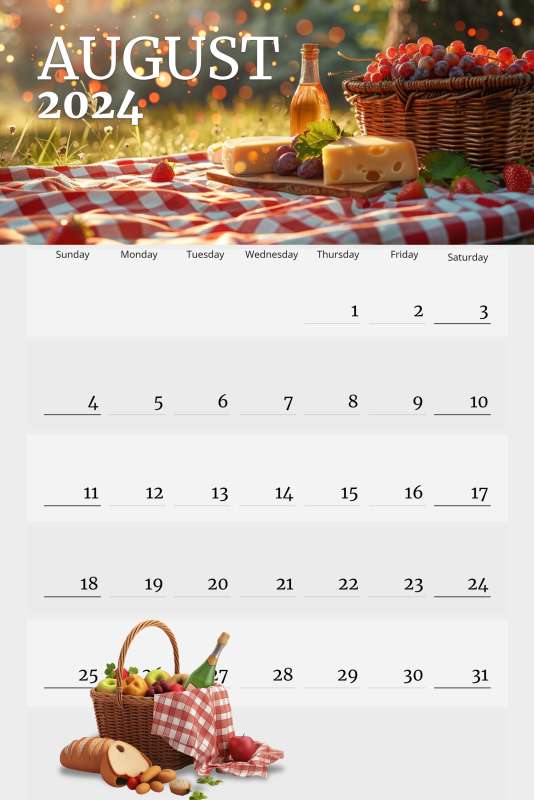 This Presentation Clipart shows a preview of Picnic Themed Calendar for August