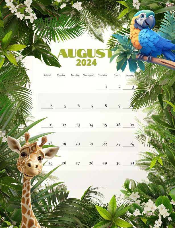 This Presentation Clipart shows a preview of Green Leaves Border August Calendar Template