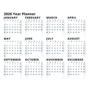 Download this printable year planner to print out and keep track of important dates.  Need this for a different year? Use our calendar editor.