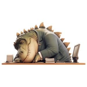 Download this business dinosaur sleeping at work desk clipart to use in a presentation or media design to symbolize exhaustion or burnout.