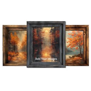 Customize this clipart image of three wooden rustic picture frames by drop and dropping your own photo to replace the placeholder photo.