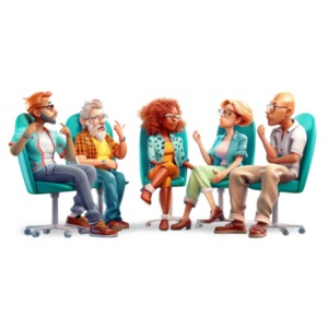Download this clipart image of a group discussion showing exchanging of ideas and collaborative problem-solving.