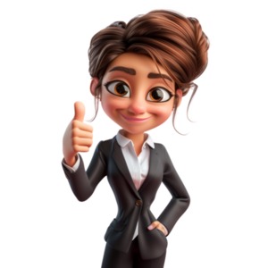 A PNG clipart with a transparent background features a 3d cartoon business woman giving a thumbs up on a job well done.