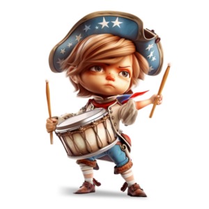 A Drummer Boy in traditional American Revolutionary War attire. A visual for  American history and Independence Day celebrations.