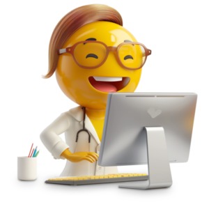 Download this clipart image of a positive healthcare emoji working at a computer.