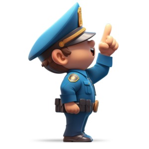 A 3D cartoon police officer in a dynamic pose pointing at the sky - PNG Clipart with a Transparent Background