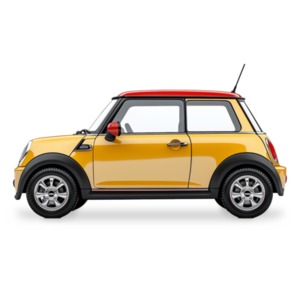 A yellow compact car. Side view of small automobile, a PNG Clipart with a transparent background