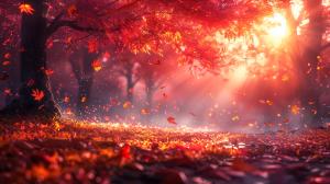 A serene autumn scene with falling red and orange leaves illuminated by sunlight.