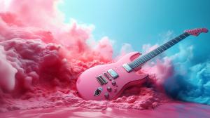 This image shows a pink electric guitar surrounded by colorful clouds, creating a dreamy atmosphere.