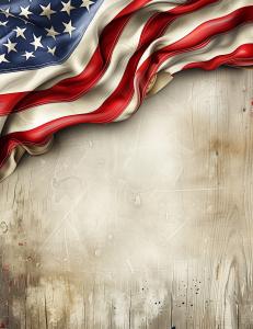 This image showcases a flowing American flag against a rustic wooden background, symbolizing patriotism.