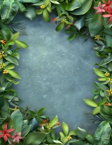 A vibrant tropical foliage border with colorful flowers against a textured blue background.