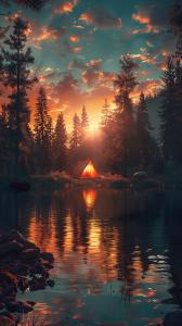 A peaceful camping scene at sunset, with a tent reflecting in a calm lake surrounded by trees.