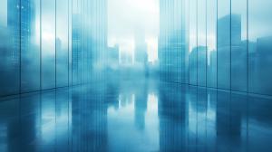 A misty urban landscape with glass skyscrapers reflecting a serene blue ambiance.