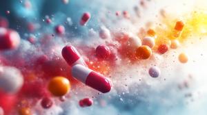 A vibrant abstract background featuring colorful capsules and spheres, ideal for healthcare presentations.