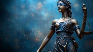 A bronze statue of Lady Justice, blindfolded and holding scales, against a cosmic blue background.