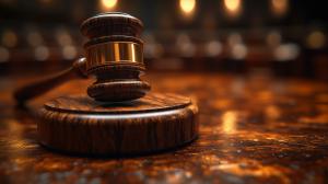 A polished wooden gavel on a circular base, set in a blurred courtroom background. 

