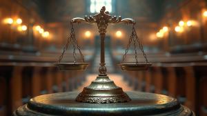 This image features ornate scales of justice in a grand courtroom, symbolizing fairness and legal integrity.

