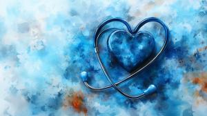 A stethoscope forming a heart shape against a blue abstract background, symbolizing healthcare and compassion.

