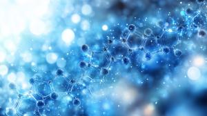 A vibrant blue molecular structure background with light bokeh effects, ideal for scientific presentations.

