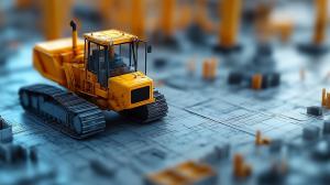 A yellow bulldozer on a blueprint-like surface, set in a blurred construction environment.

