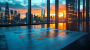 A sunset-lit cityscape with a business report on a wooden surface, ideal for corporate presentations.

