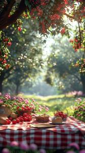 A tranquil picnic scene with fresh produce under lush trees, perfect for outdoor-themed presentations. 

