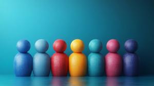 Colorful abstract figures on a turquoise background, ideal for teamwork or creative presentations.