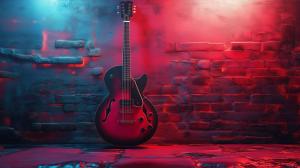 A vibrant electric guitar against a textured wall with dramatic lighting, perfect for music-themed presentations.

