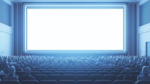 A modern cinema auditorium with an audience facing a large blank screen in a blue-toned setting. 

