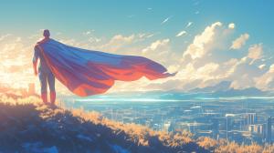 A heroic figure in a cape overlooks a vibrant city at sunset, symbolizing aspiration and determination.

