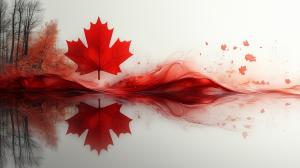 A vibrant artistic representation of a red maple leaf and autumn scenery, ideal for presentations on Canada.

