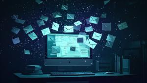 A modern computer surrounded by floating email envelopes, symbolizing digital communication. 

