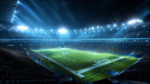 This image features a brightly lit football stadium at night, filled with spectators and a vibrant atmosphere. 

