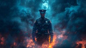 A police officer stands boldly in a stormy, fiery backdrop, symbolizing courage and resilience. 

