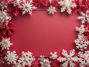 A festive red background framed with white and red snowflakes, perfect for holiday presentations.