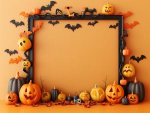 A festive Halloween-themed background with pumpkins, bats, and autumn leaves in vibrant orange and black colors. 

