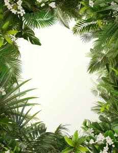 A vibrant tropical leaf border with white flowers framing a blank center for presentations.

