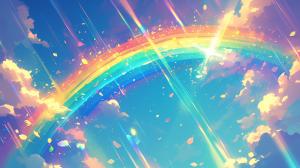 A colorful rainbow arching over a bright sky with clouds and petals, creating a joyful and uplifting atmosphere. 

